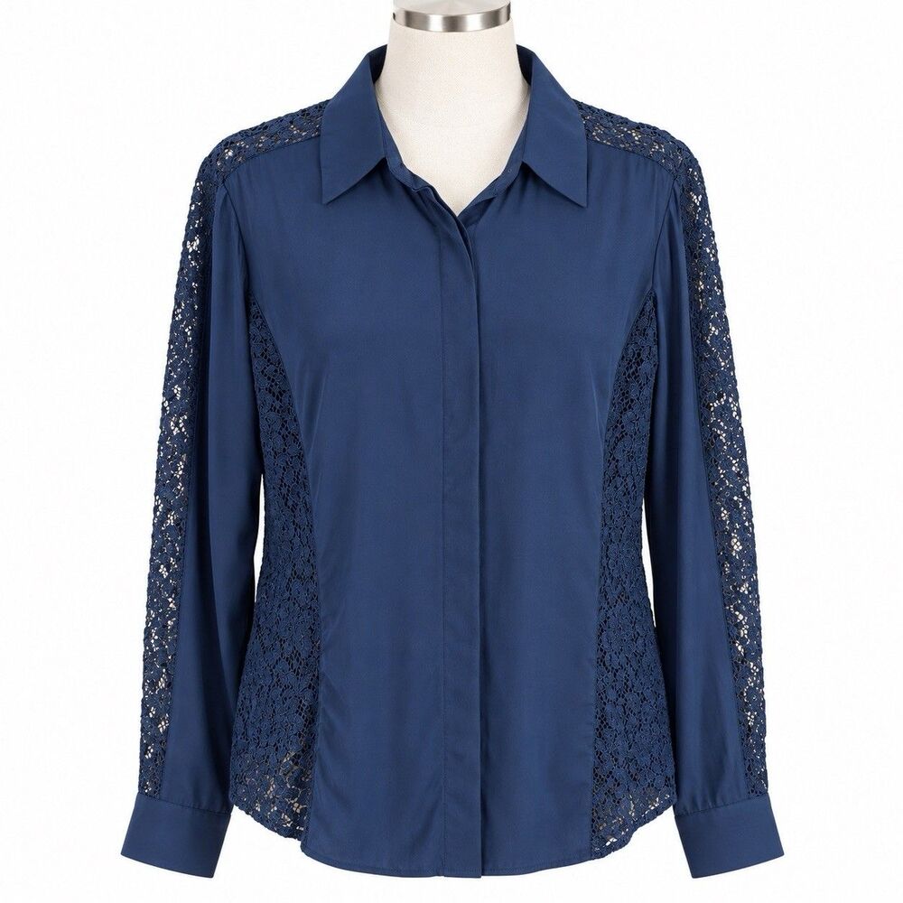 Worth New York Women’s L Navy Silk Blouse Lace Panel Long Sleeve Button Front